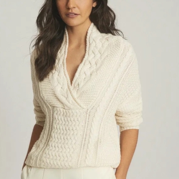 Reiss Sweaters - RARE Reiss Cashmere Wool Notch Neck Cable Knit Sweater Cream S